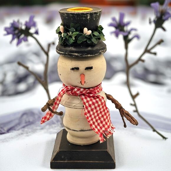 Primitive Snowman Candle Holder Handcrafted Folk Art Christmas Decor Black Hat - Picture 1 of 8